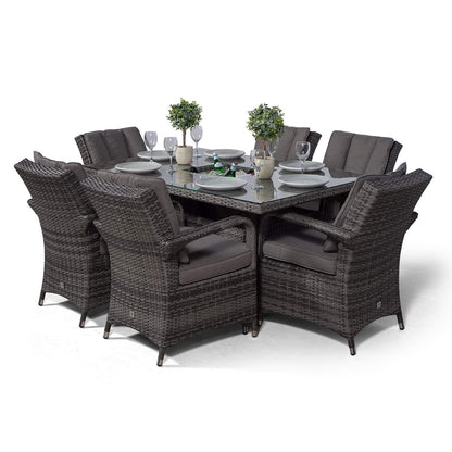 Arizona Rattan Dining Set | Luxury Rectangle 6 Seater Grey Rattan Table & Chairs Set with Ice Bucket Drinks Cooler | Outdoor Poly Rattan Garden Dining Furniture Set with Parasol & Cover