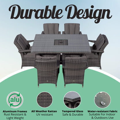 Arizona Rattan Dining Set | Luxury Rectangle 6 Seater Grey Rattan Table & Chairs Set with Ice Bucket Drinks Cooler | Outdoor Poly Rattan Garden Dining Furniture Set with Parasol & Cover