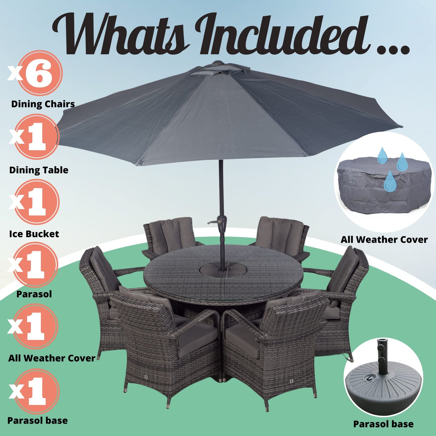 Arizona Luxury 6 Seater Grey Rattan Dining Set with Ice Bucket Drinks Cooler | Outdoor Poly Rattan Garden Table & Chairs Set with Parasol & Cover