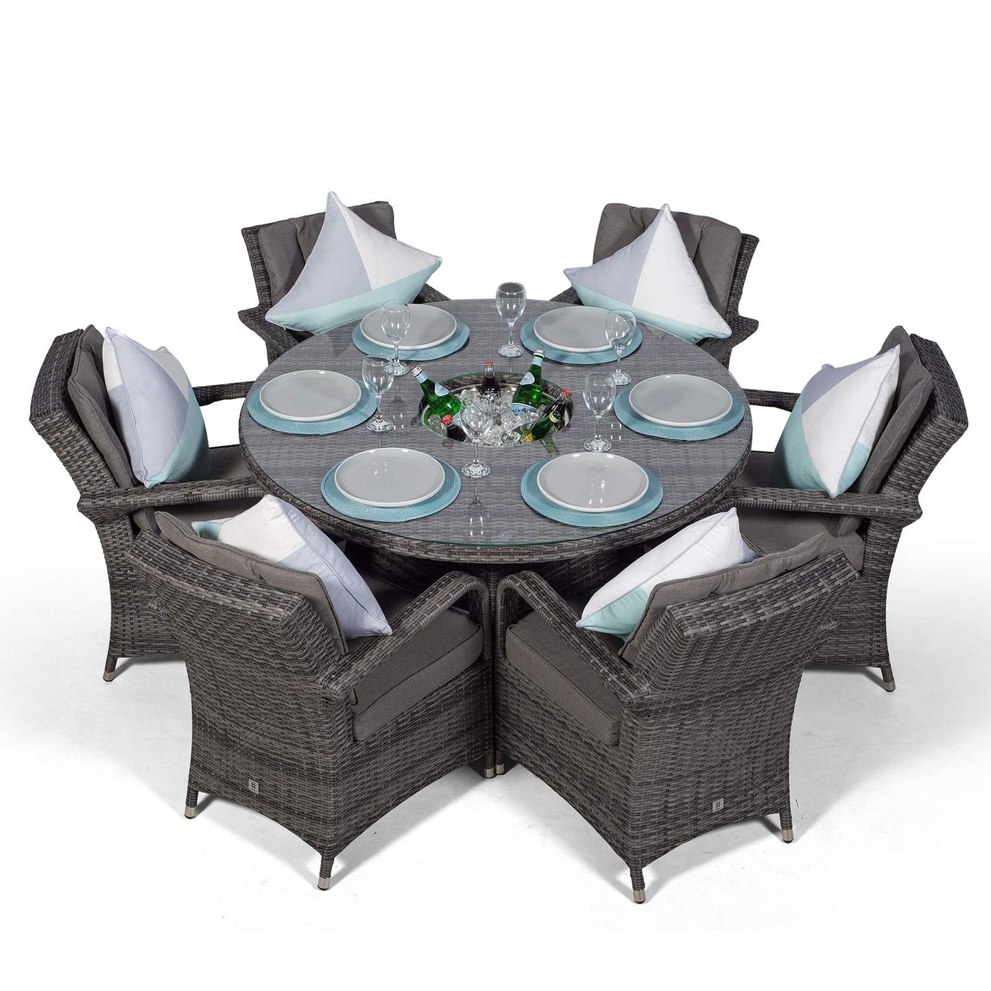 Arizona Luxury 6 Seater Grey Rattan Dining Set with Ice Bucket Drinks Cooler | Outdoor Poly Rattan Garden Table & Chairs Set with Parasol & Cover
